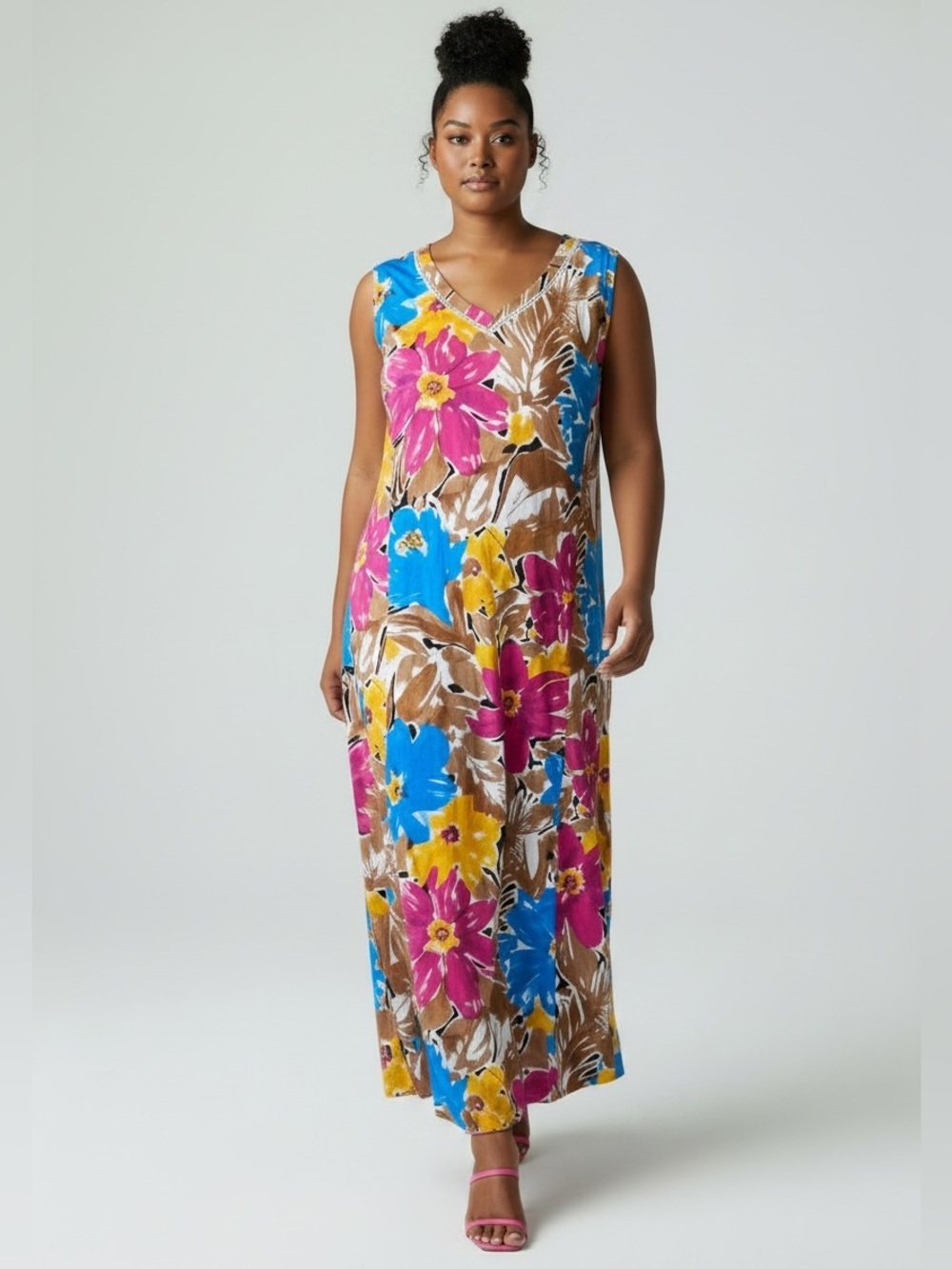 Choices 100% Linen V Neck Sleeveless Maxi Dress Floral Multicolor Women’s SZ XL